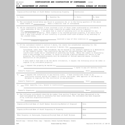 BOP Confiscation and Disposition of Contraband Form