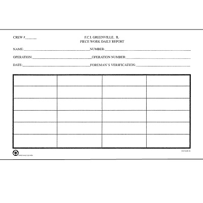 FCI Greenville Piece Work Daily Report Form