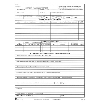 US Probation Office Monthly Treatment Report Form